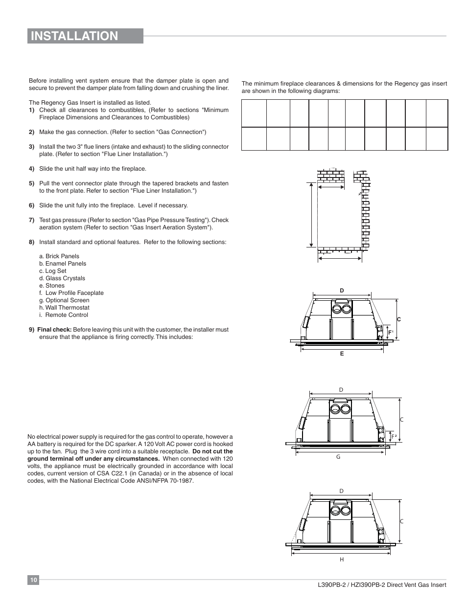 Installation, Materials required, Installation checklist | Minimum fireplace dimensions | Regency Liberty L390PB Medium Gas Insert User Manual | Page 10 / 56