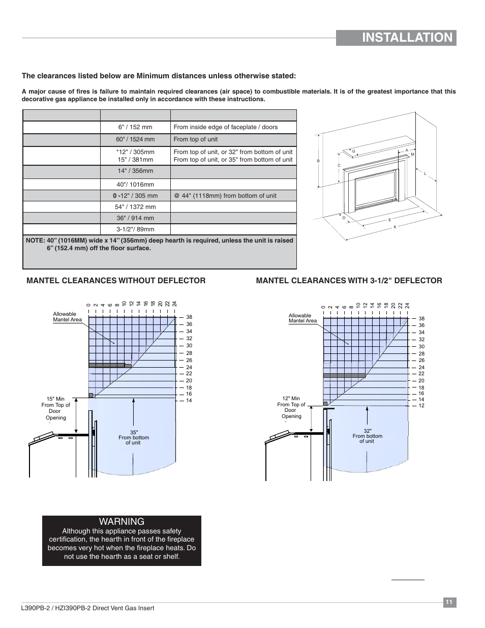 Installation, Minimum clearances to combustibles, Warning | Regency Liberty L390PB Medium Gas Insert User Manual | Page 11 / 56