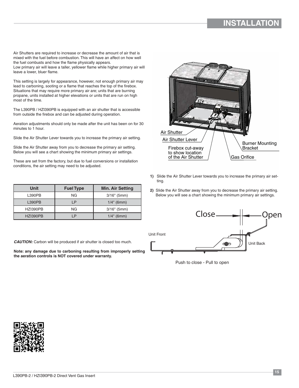 Close open, Installation, Air shutter adjustment | Regency Liberty L390PB Medium Gas Insert User Manual | Page 15 / 56