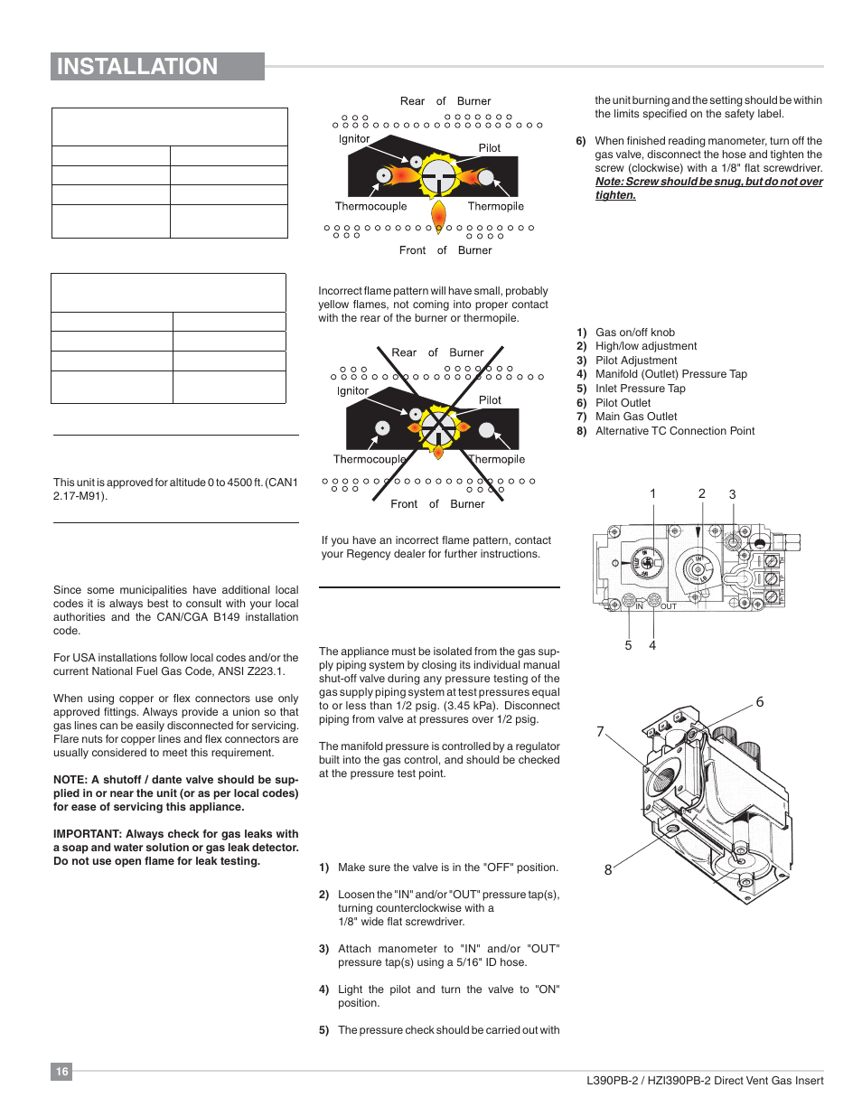 Installation, Gas pipe pressure testing, High elevation | Gas line installation, 820 s.i.t. valve description | Regency Liberty L390PB Medium Gas Insert User Manual | Page 16 / 56