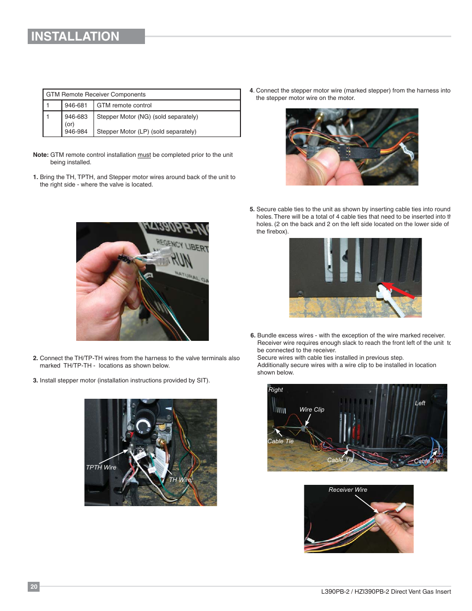 Installation, Gtm remote installation | Regency Liberty L390PB Medium Gas Insert User Manual | Page 20 / 56