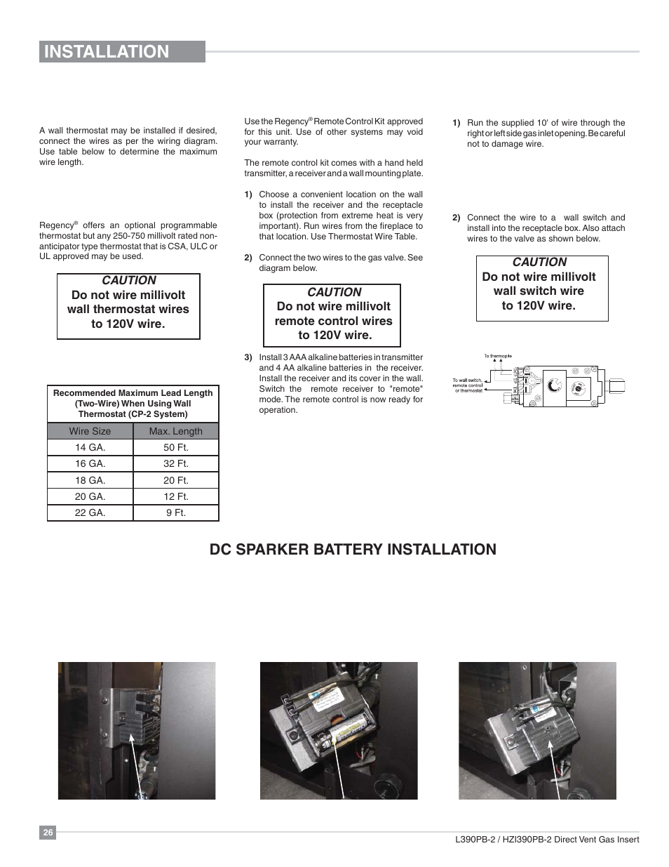 Installation, Dc sparker battery installation, Optional wall switch | Optional wall thermostat, Optional remote control | Regency Liberty L390PB Medium Gas Insert User Manual | Page 26 / 56