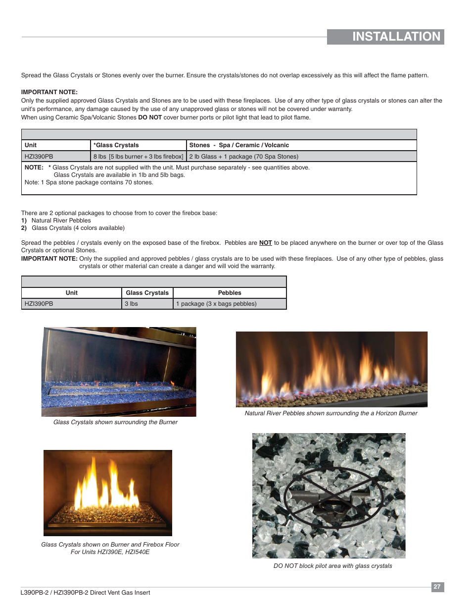 Installation, Glass crystal / stone installation | Regency Liberty L390PB Medium Gas Insert User Manual | Page 27 / 56