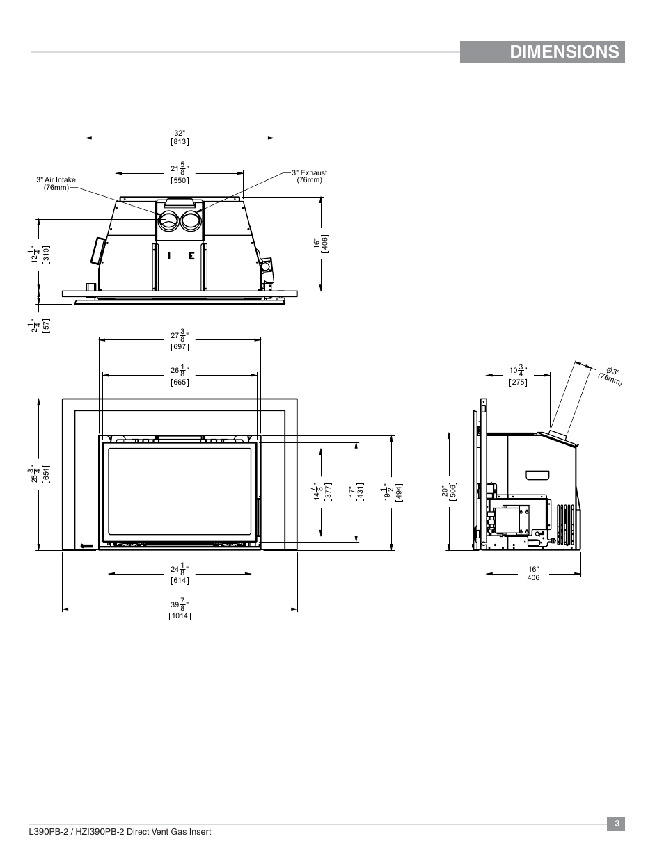 Dimensions, Unit dimensions | Regency Liberty L390PB Medium Gas Insert User Manual | Page 3 / 56
