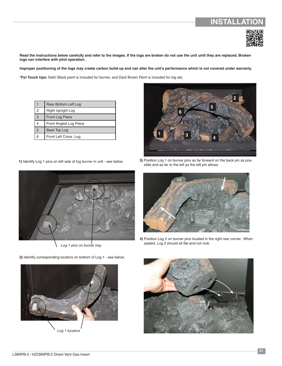 Installation, L390pb log set installation | Regency Liberty L390PB Medium Gas Insert User Manual | Page 31 / 56
