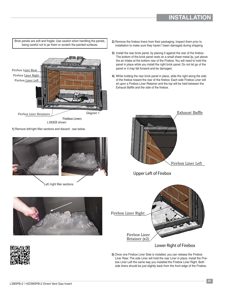 Installation, Upper left of firebox, Lower right of firebox | Brick panel installation | Regency Liberty L390PB Medium Gas Insert User Manual | Page 35 / 56