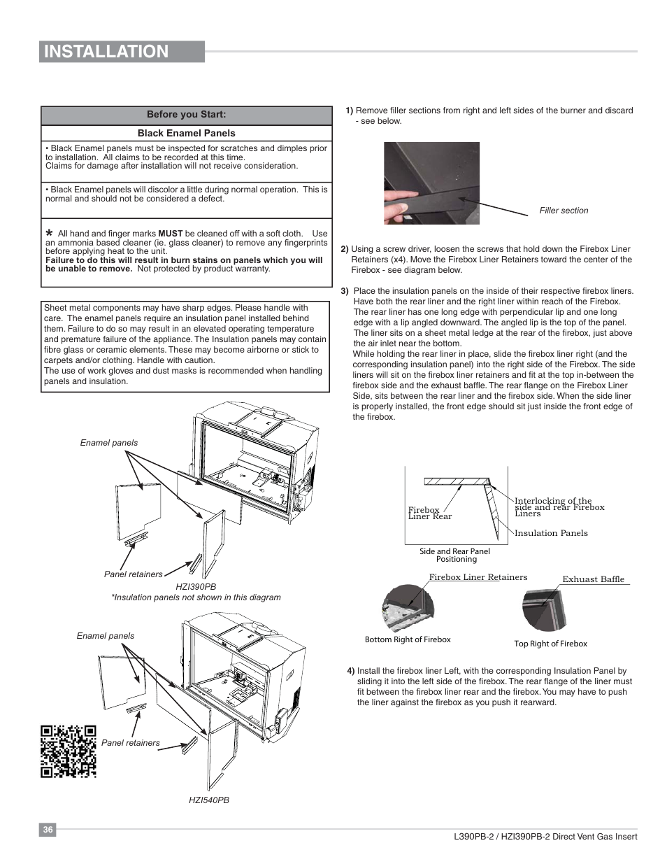 Installation, Enamel panel installation | Regency Liberty L390PB Medium Gas Insert User Manual | Page 36 / 56