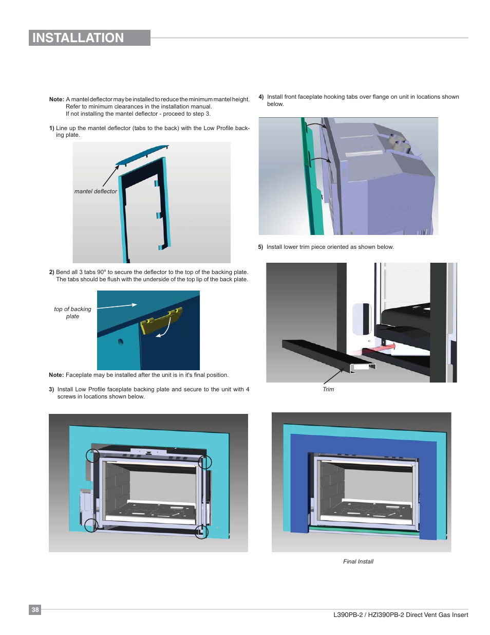 Installation, 3 sided low profile faceplate installation | Regency Liberty L390PB Medium Gas Insert User Manual | Page 38 / 56