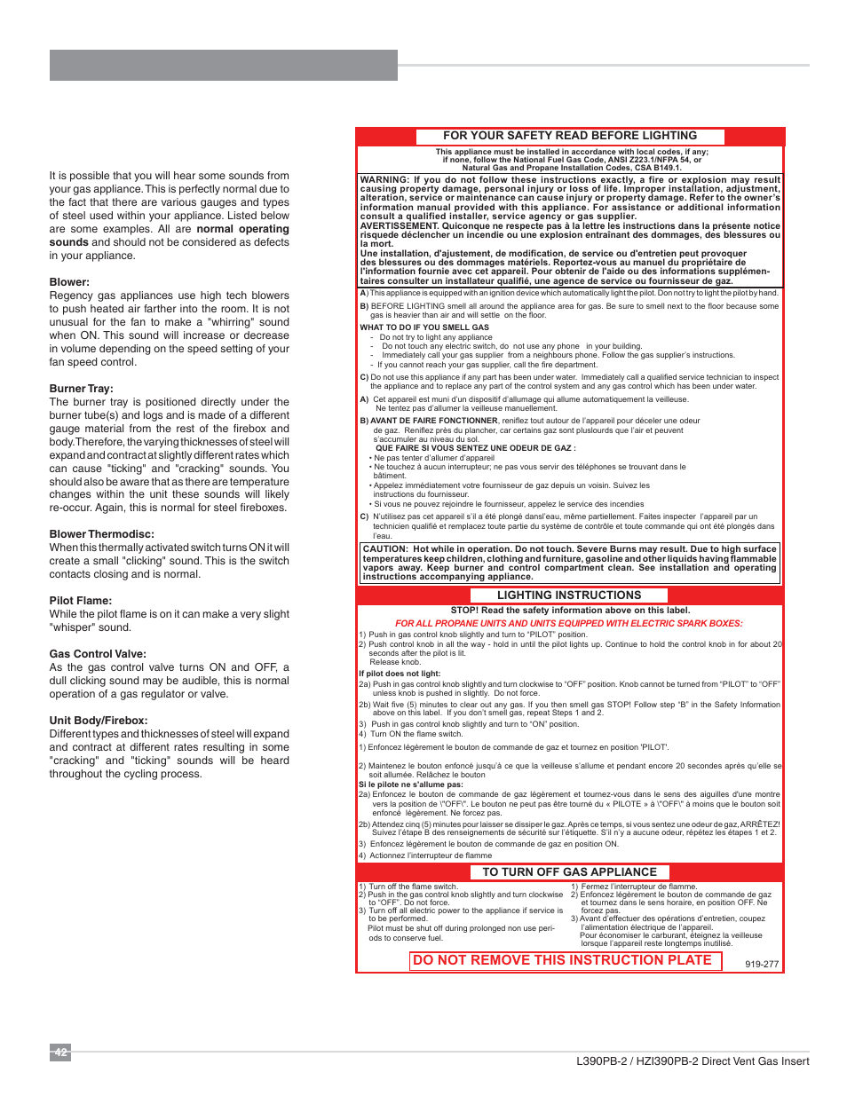 Operating instructions, Do not remove this instruction plate | Regency Liberty L390PB Medium Gas Insert User Manual | Page 42 / 56