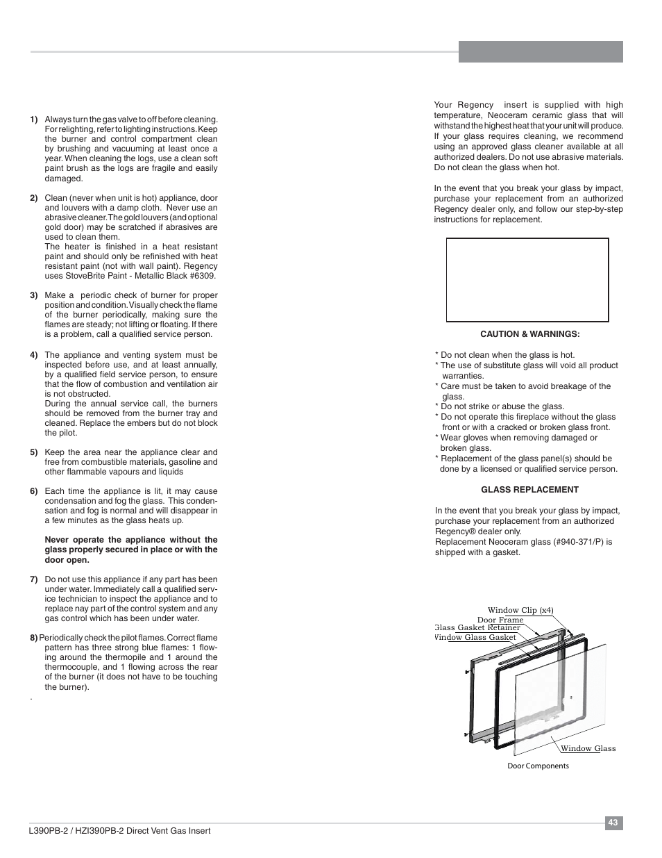 Maintenance, Maintenance instructions, Door glass | Regency Liberty L390PB Medium Gas Insert User Manual | Page 43 / 56