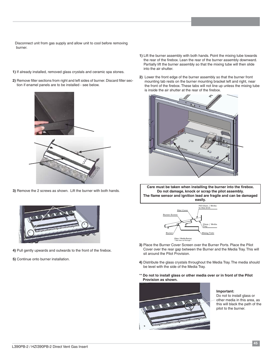Maintenance, Glass burner removal glass burner install | Regency Liberty L390PB Medium Gas Insert User Manual | Page 45 / 56
