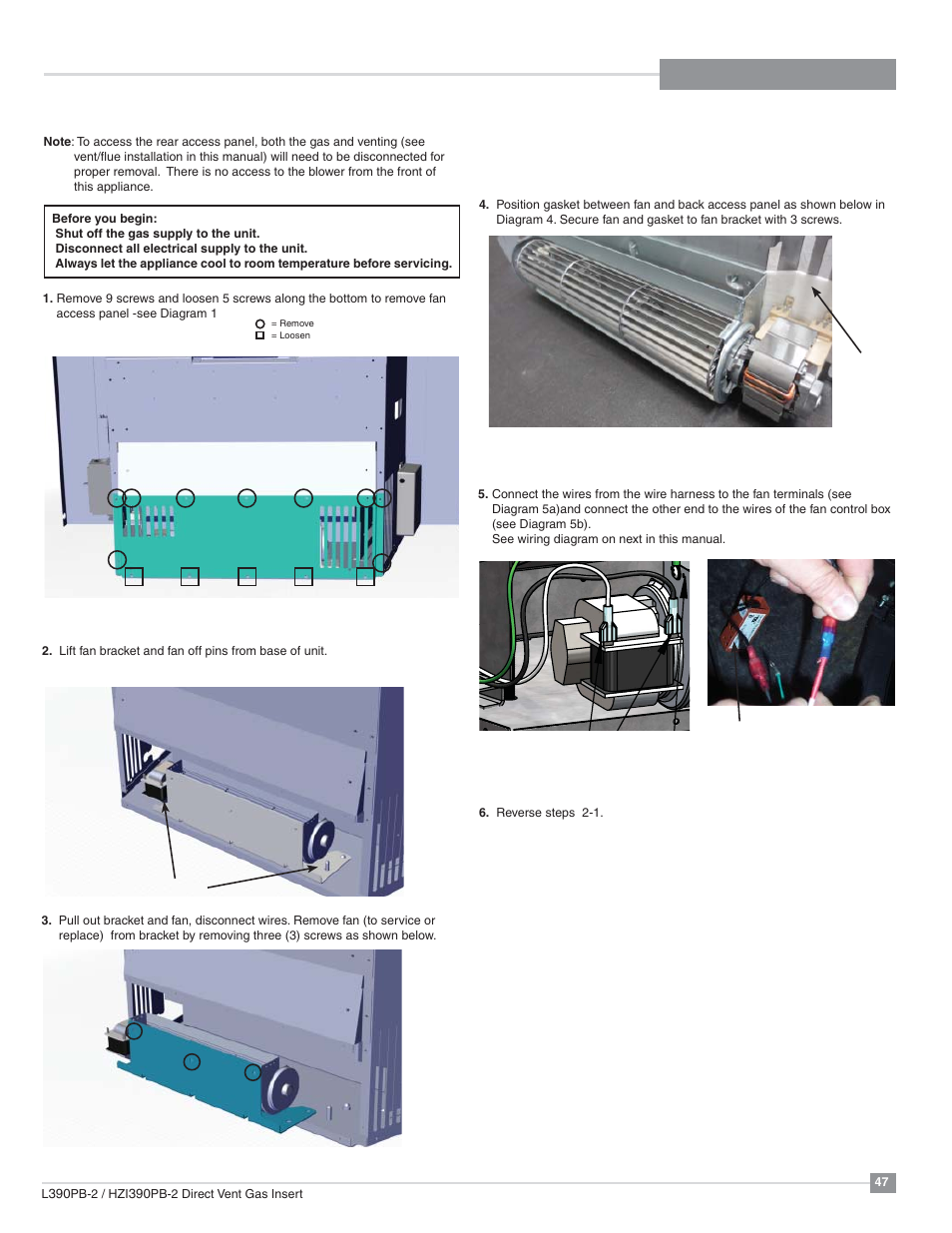 Maintenance, Fan removal / installation, Fan installation | Regency Liberty L390PB Medium Gas Insert User Manual | Page 47 / 56