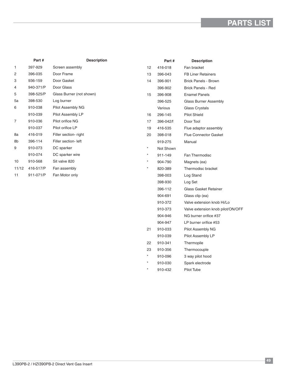 Parts list, Main assembly | Regency Liberty L390PB Medium Gas Insert User Manual | Page 49 / 56