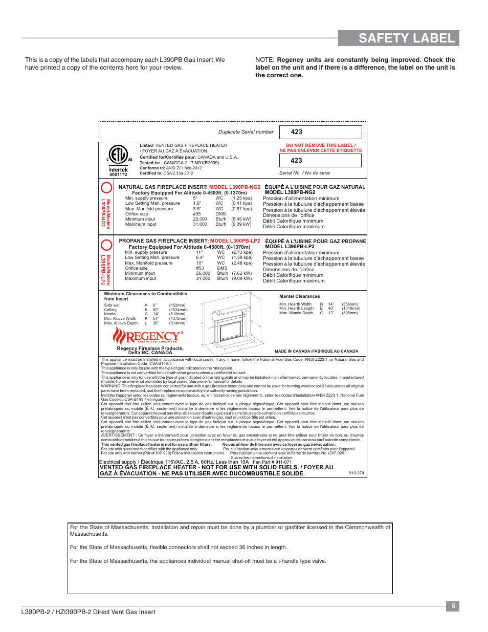Safety label, Pb-2 / hzi, Pb-2 direct vent gas insert 5 | Regency Liberty L390PB Medium Gas Insert User Manual | Page 5 / 56