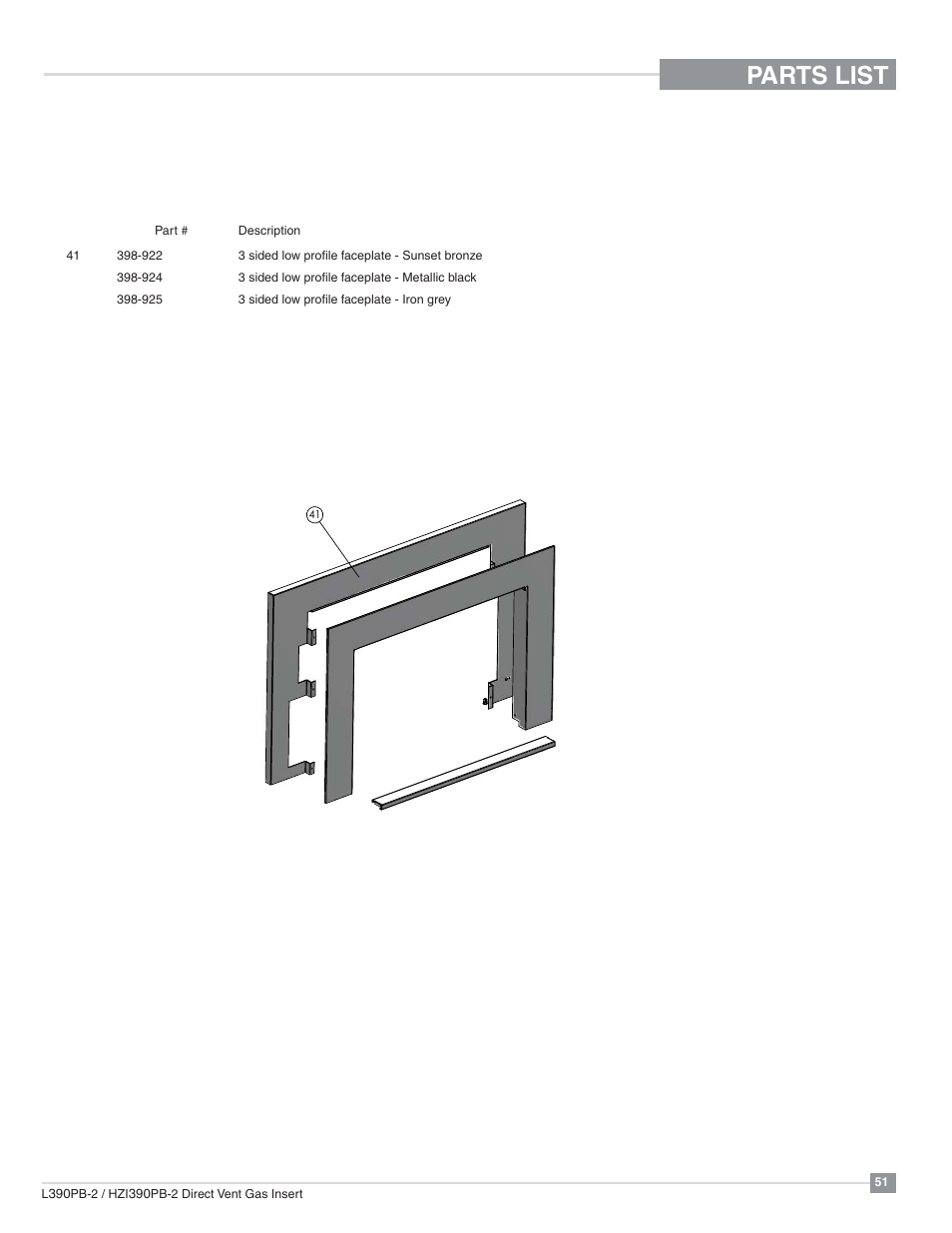 Parts list, Low profile faceplate | Regency Liberty L390PB Medium Gas Insert User Manual | Page 51 / 56