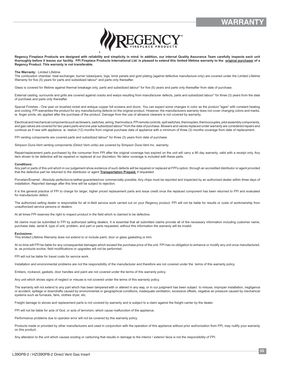 Warranty | Regency Liberty L390PB Medium Gas Insert User Manual | Page 55 / 56