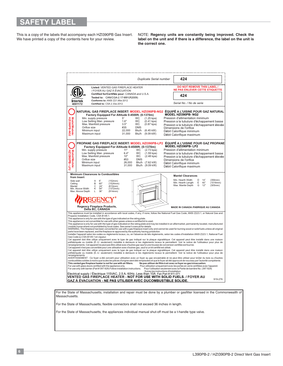 Safety label, Pb-2 / hzi, Pb-2 direct vent gas insert | Regency Liberty L390PB Medium Gas Insert User Manual | Page 6 / 56
