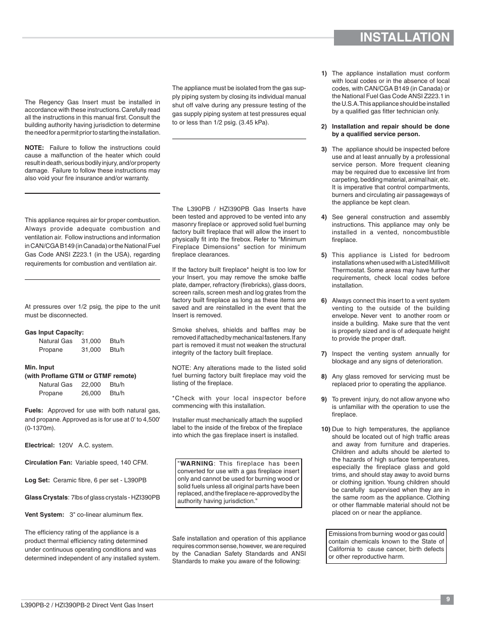 Installation, Save these instructions, Important message | For your safety, Specifications, Gas pressure testing, Before you start | Regency Liberty L390PB Medium Gas Insert User Manual | Page 9 / 56