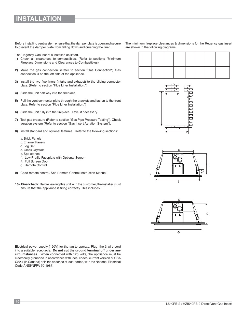 Installation, Materials required, Installation checklist | Minimum fireplace dimensions | Regency Horizon HZI540PB Large Gas Insert User Manual | Page 10 / 56