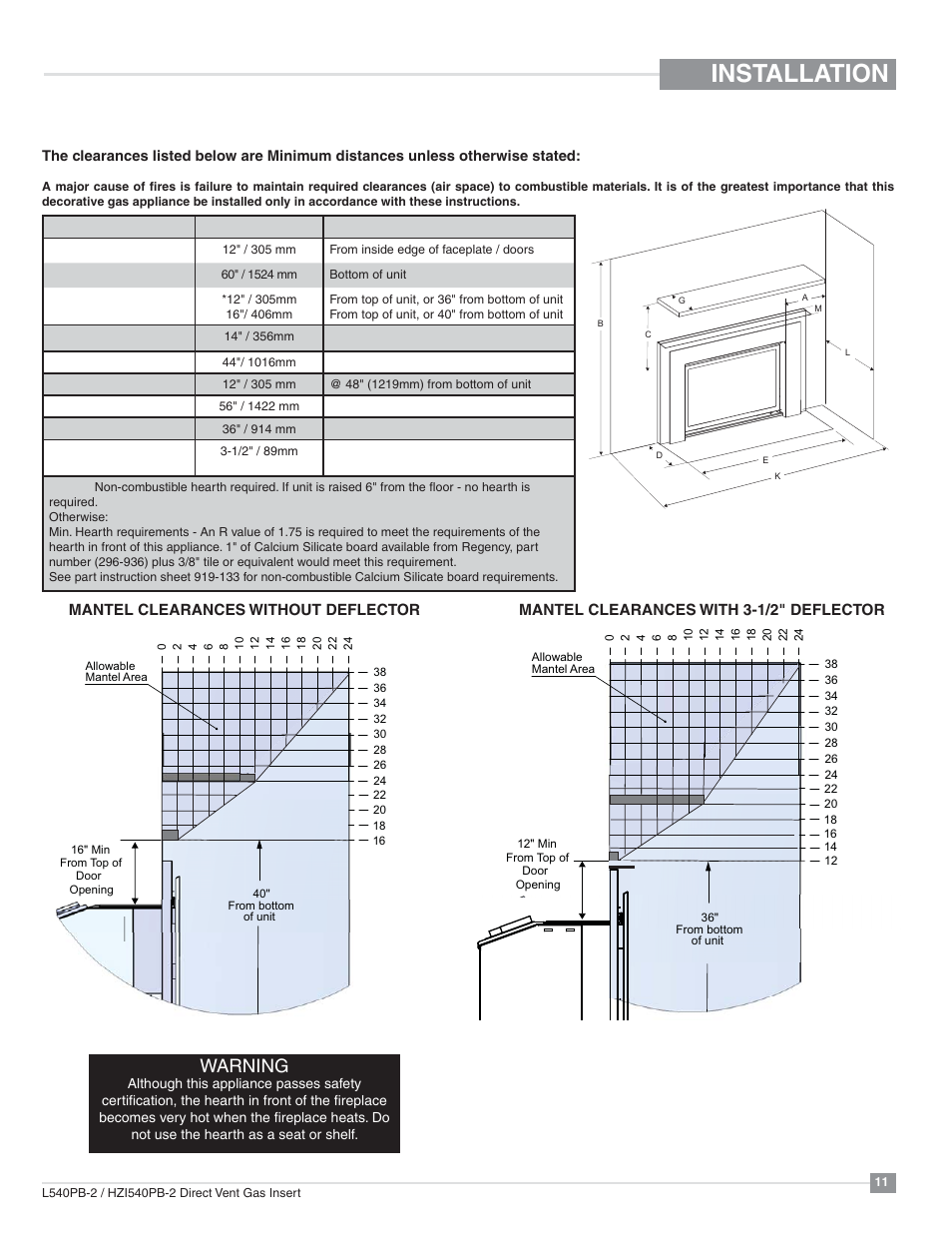 Installation, Minimum clearances to combustibles, Warning | Regency Horizon HZI540PB Large Gas Insert User Manual | Page 11 / 56