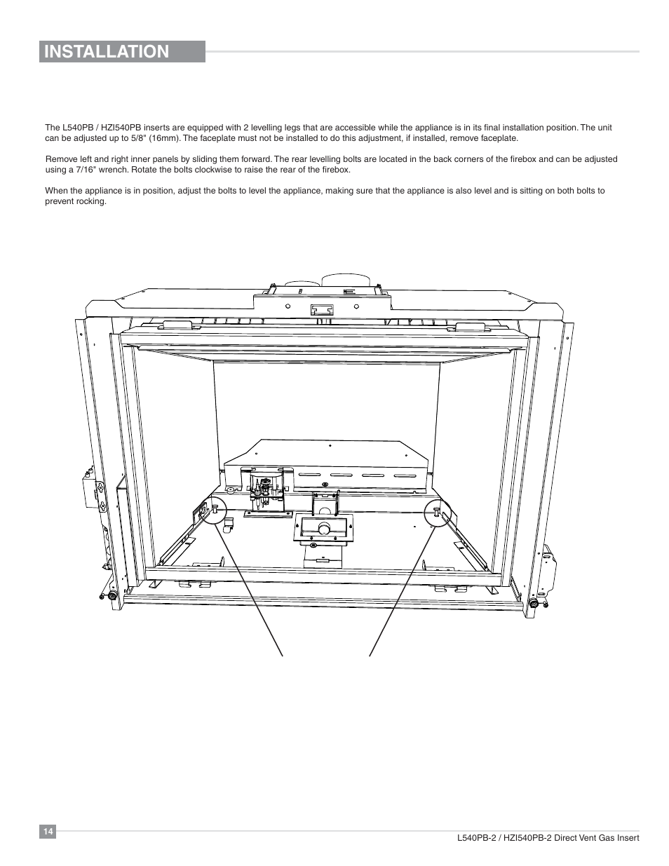 Installation, Leveling leg adjustment | Regency Horizon HZI540PB Large Gas Insert User Manual | Page 14 / 56