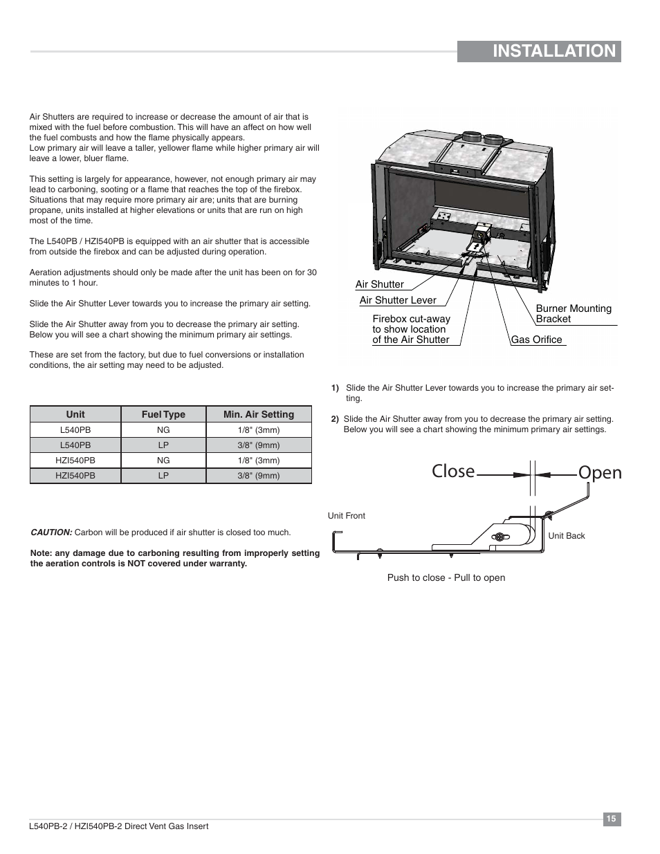 Close open, Installation, Air shutter adjustment | Regency Horizon HZI540PB Large Gas Insert User Manual | Page 15 / 56
