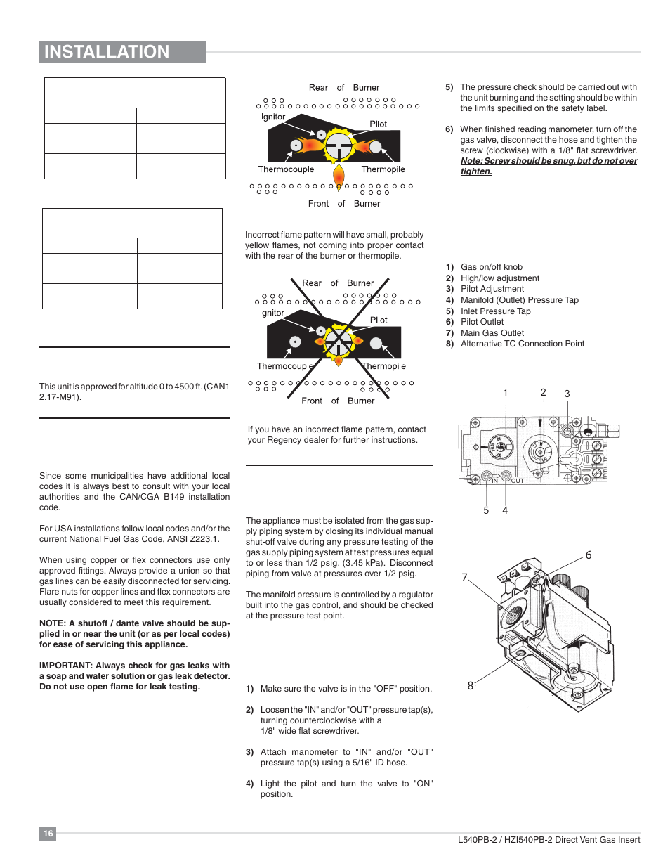 Installation, Gas pipe pressure testing, High elevation | Gas line installation, 820 s.i.t. valve description | Regency Horizon HZI540PB Large Gas Insert User Manual | Page 16 / 56