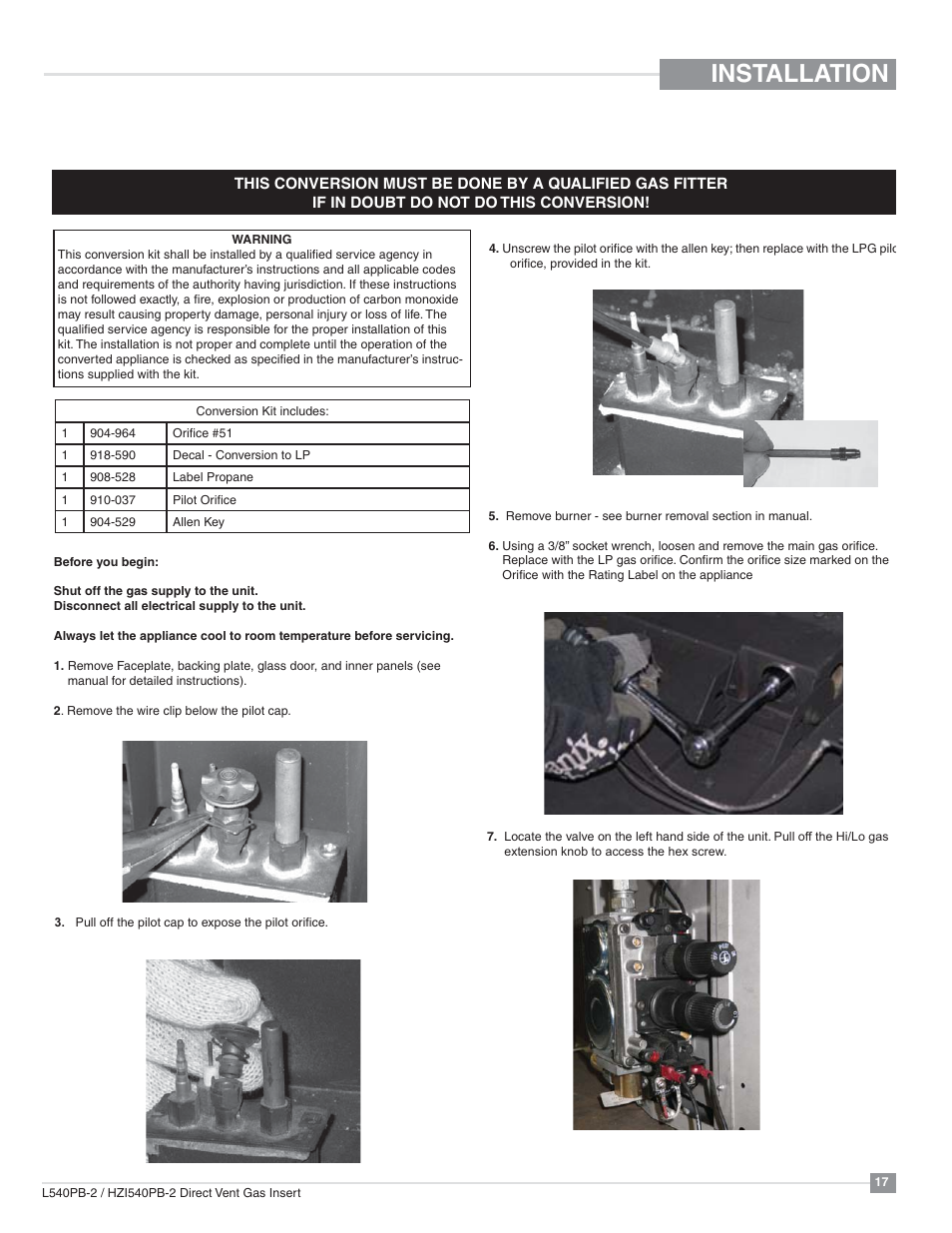 Installation, Conversion from ng to lp | Regency Horizon HZI540PB Large Gas Insert User Manual | Page 17 / 56