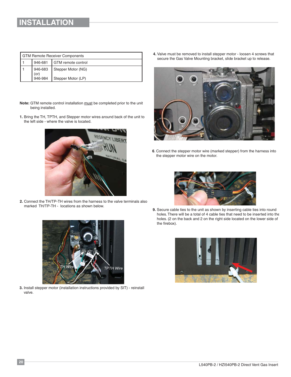 Installation, Gtm remote control installation | Regency Horizon HZI540PB Large Gas Insert User Manual | Page 20 / 56