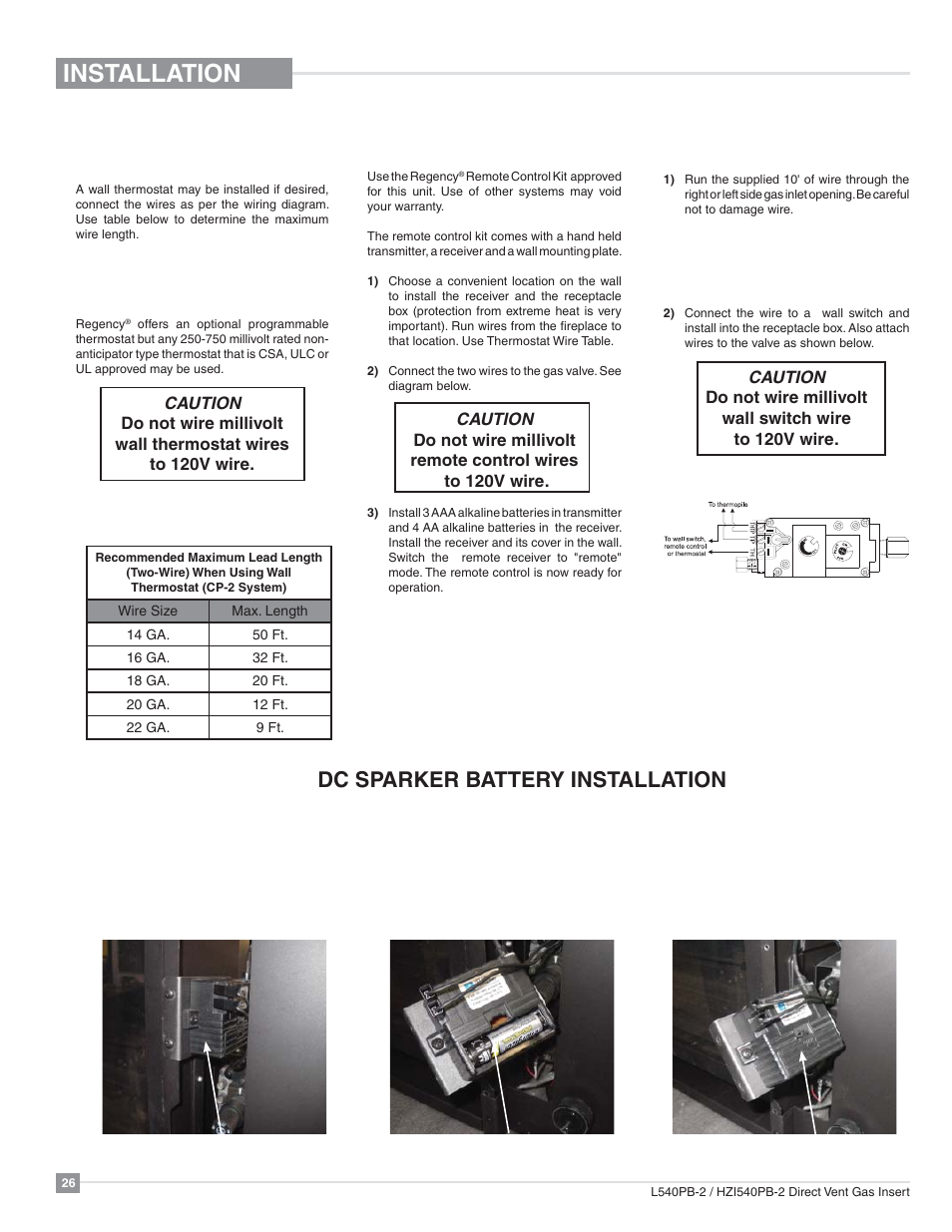 Installation, Optional wall switch, Optional wall thermostat | Optional remote control, Dc sparker battery installation | Regency Horizon HZI540PB Large Gas Insert User Manual | Page 26 / 56