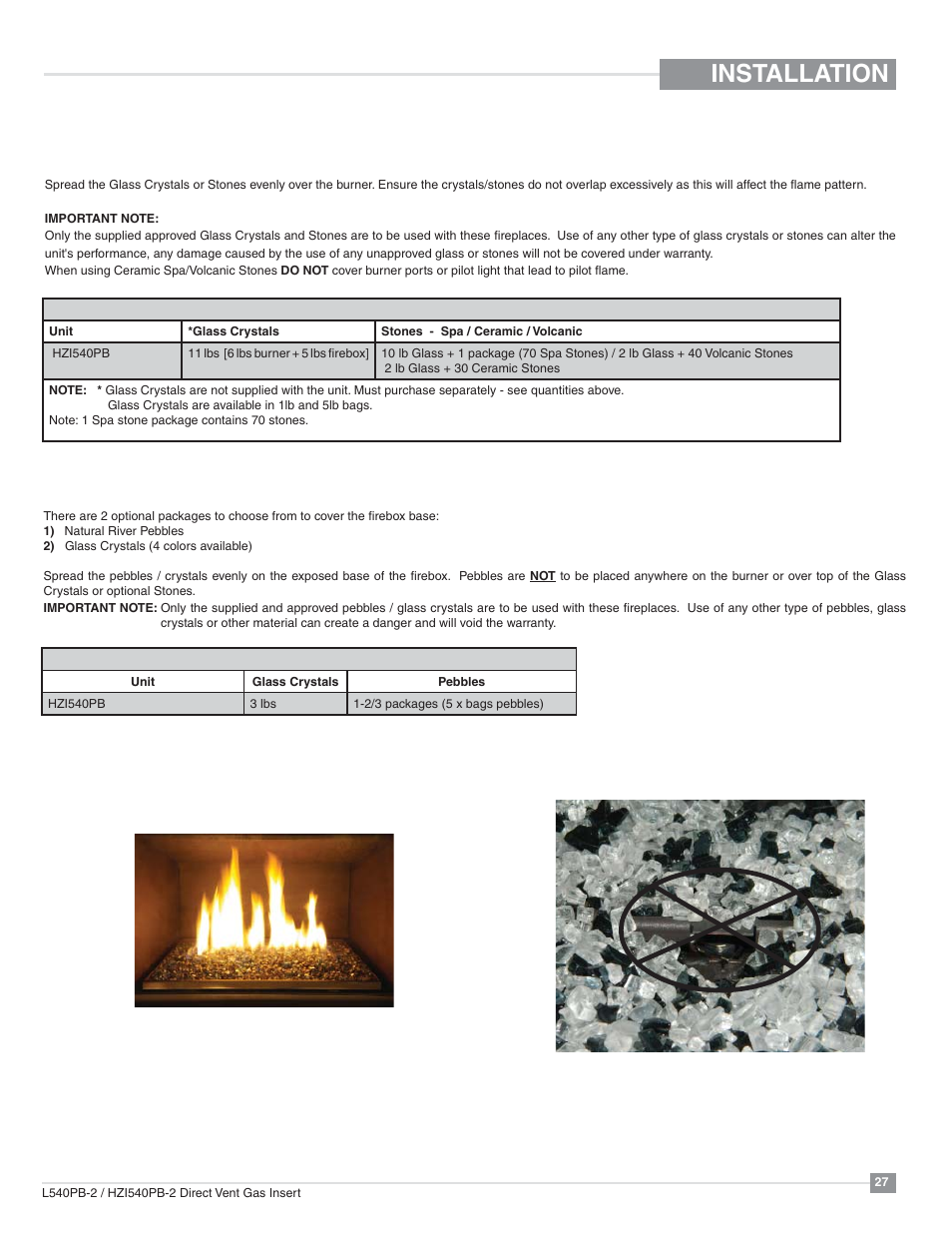 Installation, Glass crystal / optional stone installation | Regency Horizon HZI540PB Large Gas Insert User Manual | Page 27 / 56