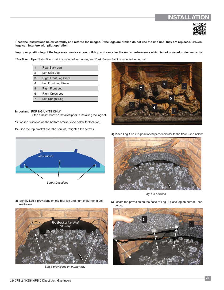 Installation, L540pb log set installation | Regency Horizon HZI540PB Large Gas Insert User Manual | Page 29 / 56