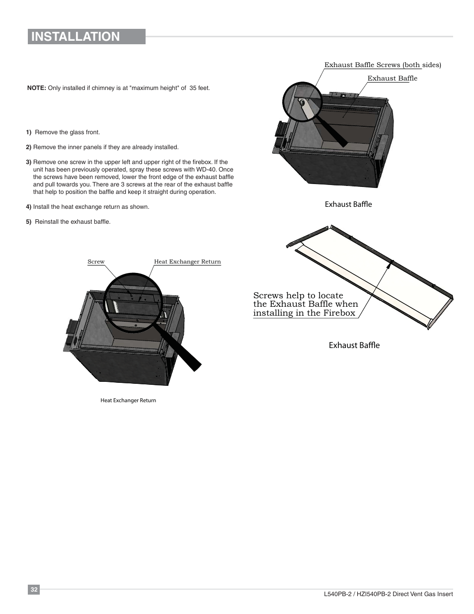 Installation, Heat exchange return | Regency Horizon HZI540PB Large Gas Insert User Manual | Page 32 / 56