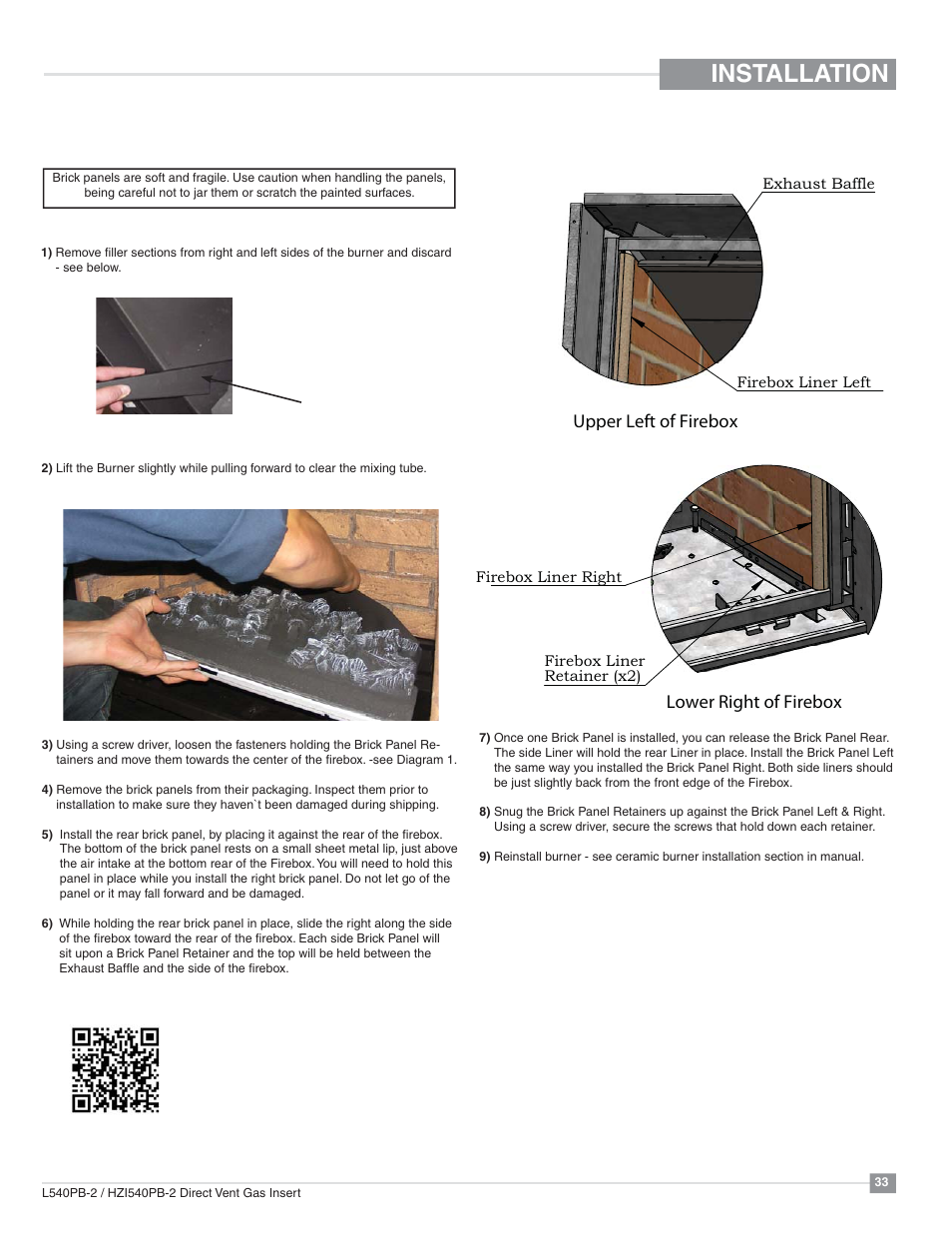 Installation, Brick panel installation, Upper left of firebox | Lower right of firebox | Regency Horizon HZI540PB Large Gas Insert User Manual | Page 33 / 56