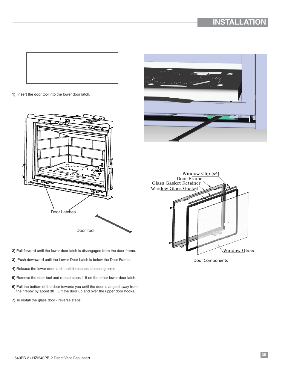 Installation, Glass door removal / installation | Regency Horizon HZI540PB Large Gas Insert User Manual | Page 35 / 56
