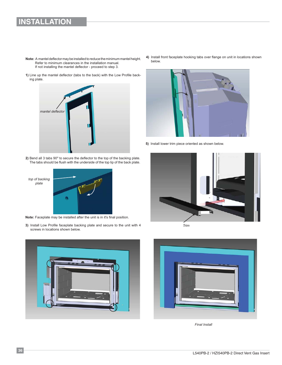 Installation, 3 sided low profile faceplate installation | Regency Horizon HZI540PB Large Gas Insert User Manual | Page 36 / 56