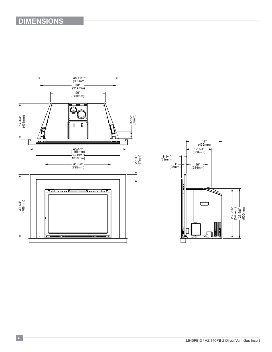 Dimensions, Unit dimensions | Regency Horizon HZI540PB Large Gas Insert User Manual | Page 4 / 56