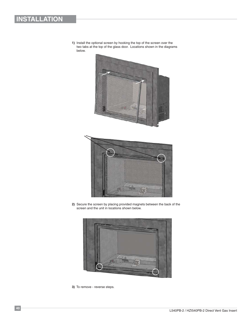 Installation, Optional screen installation | Regency Horizon HZI540PB Large Gas Insert User Manual | Page 40 / 56