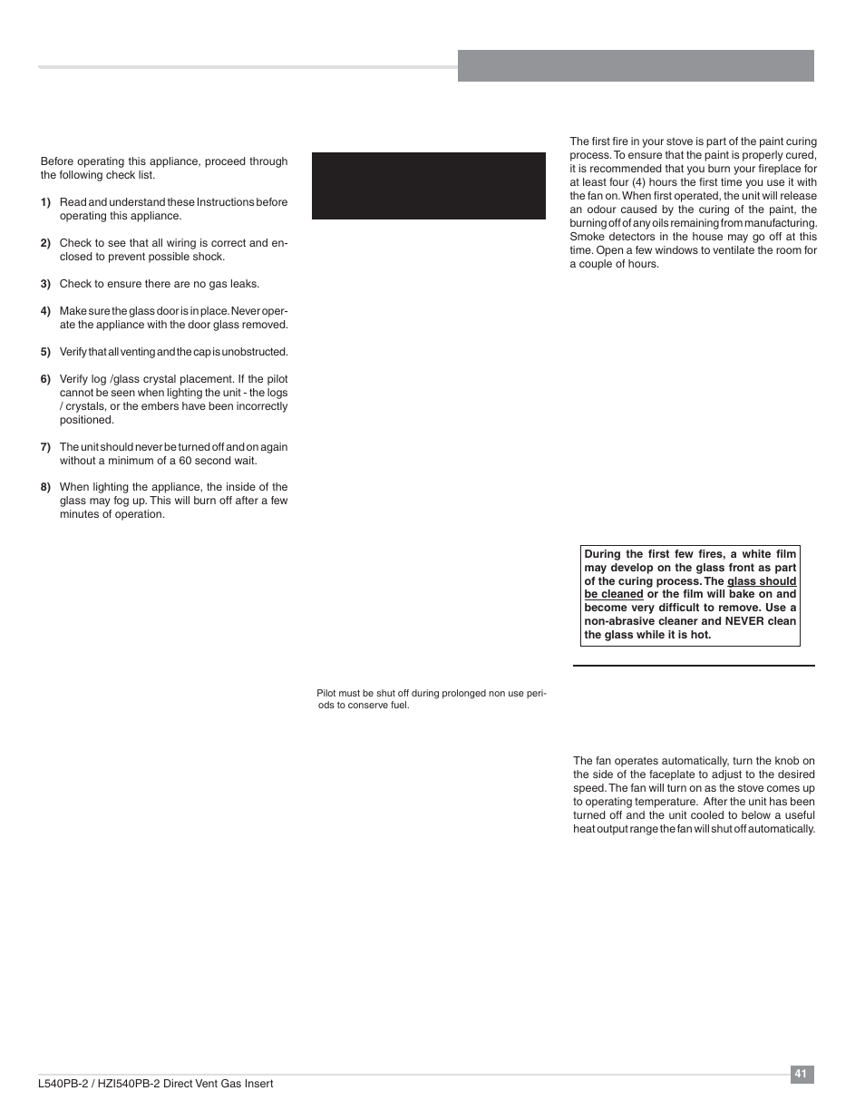 Operating instructions, Automatic convection fan operation, First fire | Lighting procedure, Shutdown procedure | Regency Horizon HZI540PB Large Gas Insert User Manual | Page 41 / 56