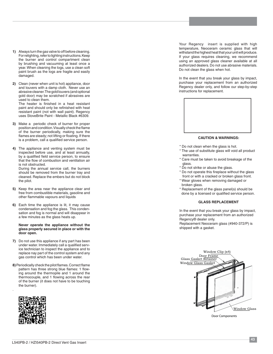 Maintenance, Maintenance instructions, Door glass | Regency Horizon HZI540PB Large Gas Insert User Manual | Page 43 / 56