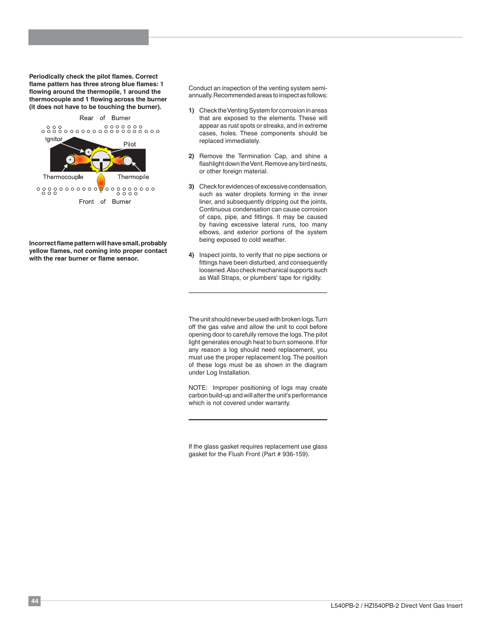 Maintenance, General vent maintenance, Log replacement | Glass gasket, Pilot adjustment | Regency Horizon HZI540PB Large Gas Insert User Manual | Page 44 / 56