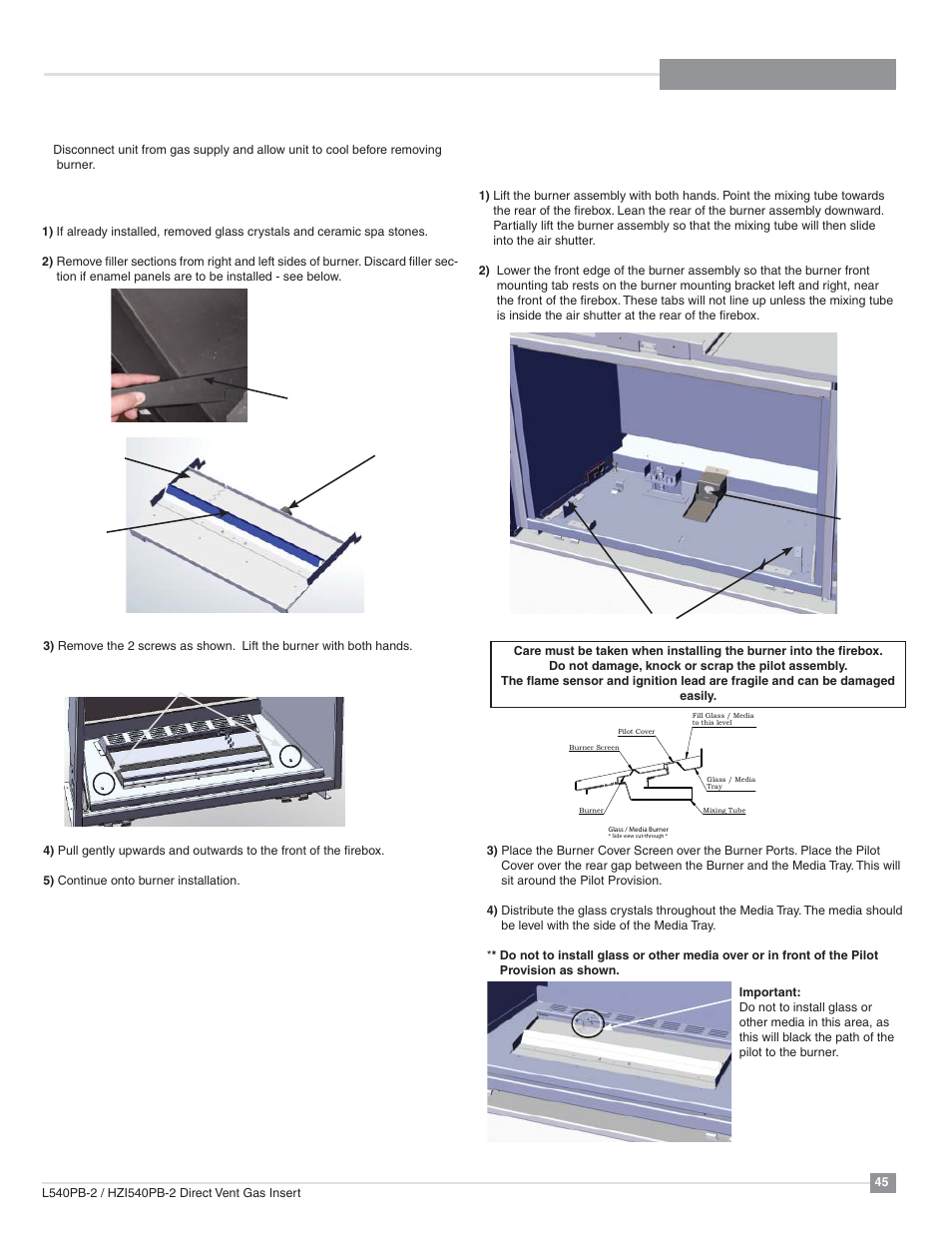 Maintenance, Glass burner removal glass burner install | Regency Horizon HZI540PB Large Gas Insert User Manual | Page 45 / 56