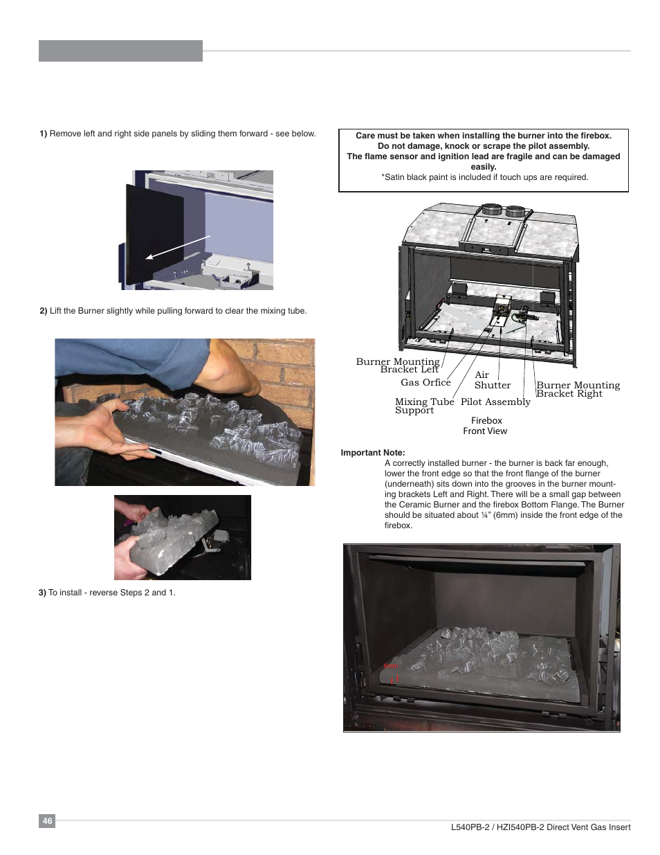 Maintenance, L540pb ceramic burner removal / installation, Installation removal | Regency Horizon HZI540PB Large Gas Insert User Manual | Page 46 / 56