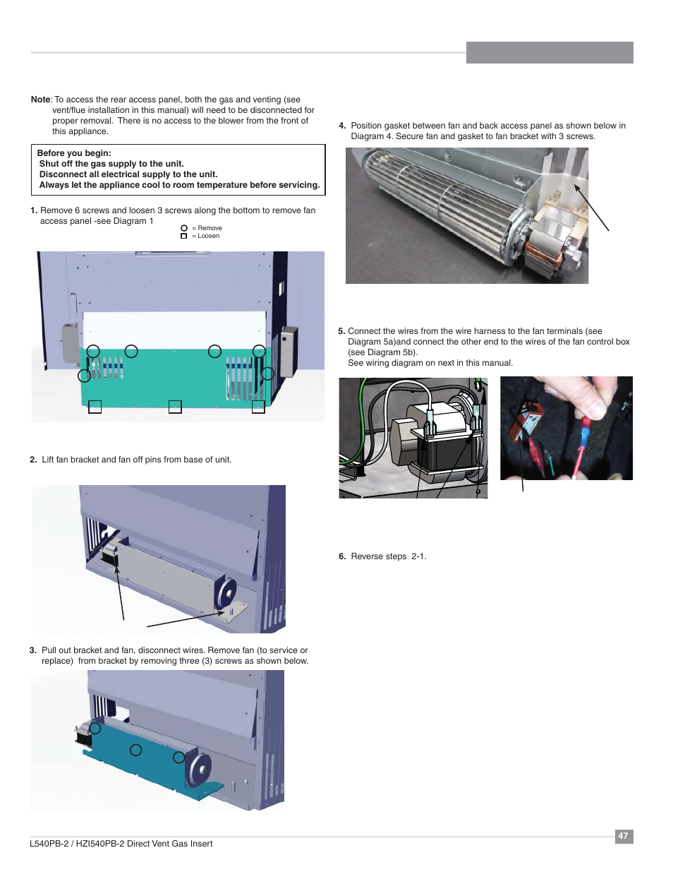 Maintenance, Fan removal / installation, Fan installation | Regency Horizon HZI540PB Large Gas Insert User Manual | Page 47 / 56