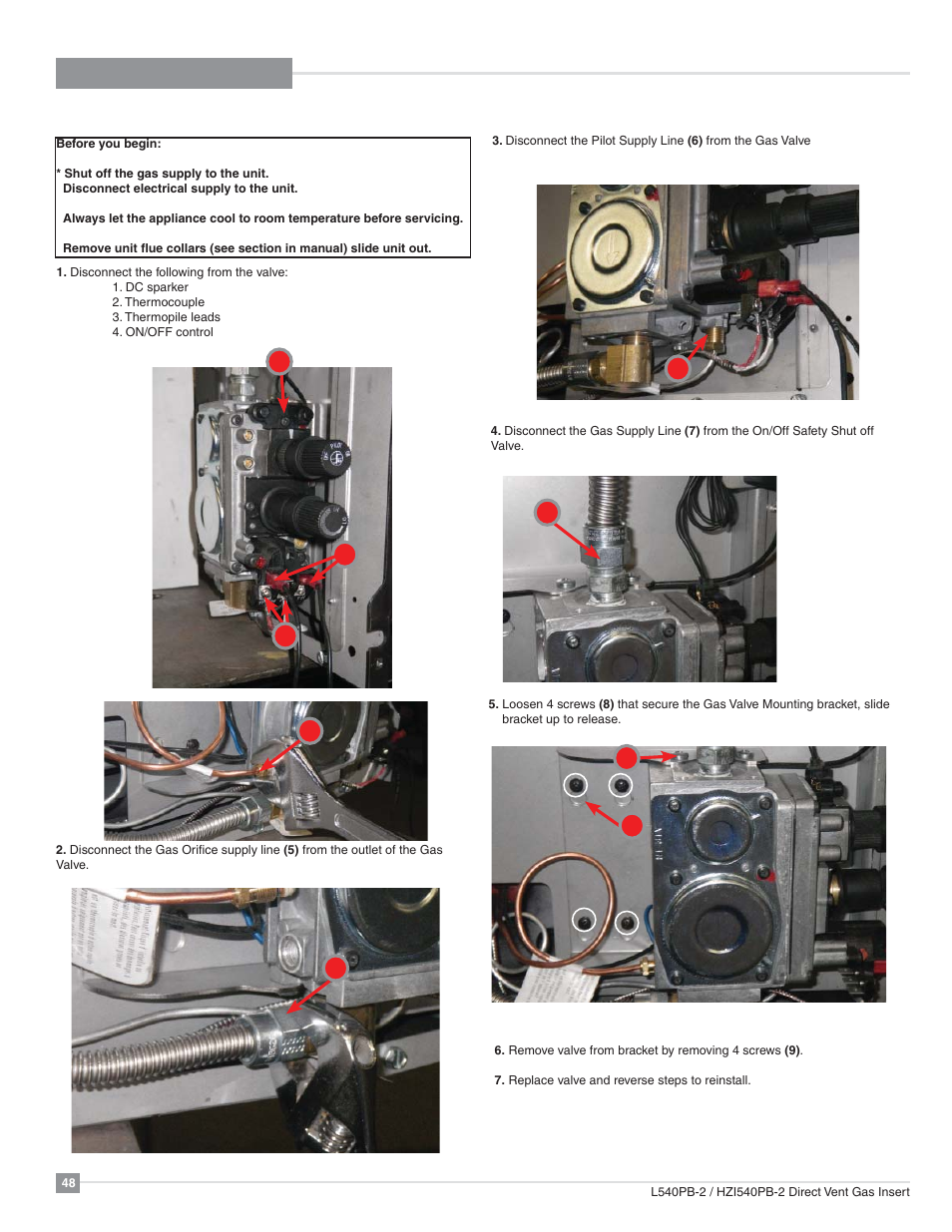 Maintenance, Valve replacement | Regency Horizon HZI540PB Large Gas Insert User Manual | Page 48 / 56