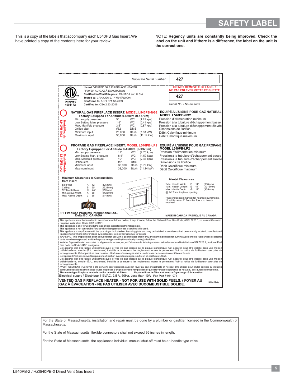 Safety label | Regency Horizon HZI540PB Large Gas Insert User Manual | Page 5 / 56
