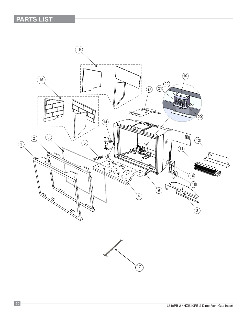 Parts list | Regency Horizon HZI540PB Large Gas Insert User Manual | Page 50 / 56