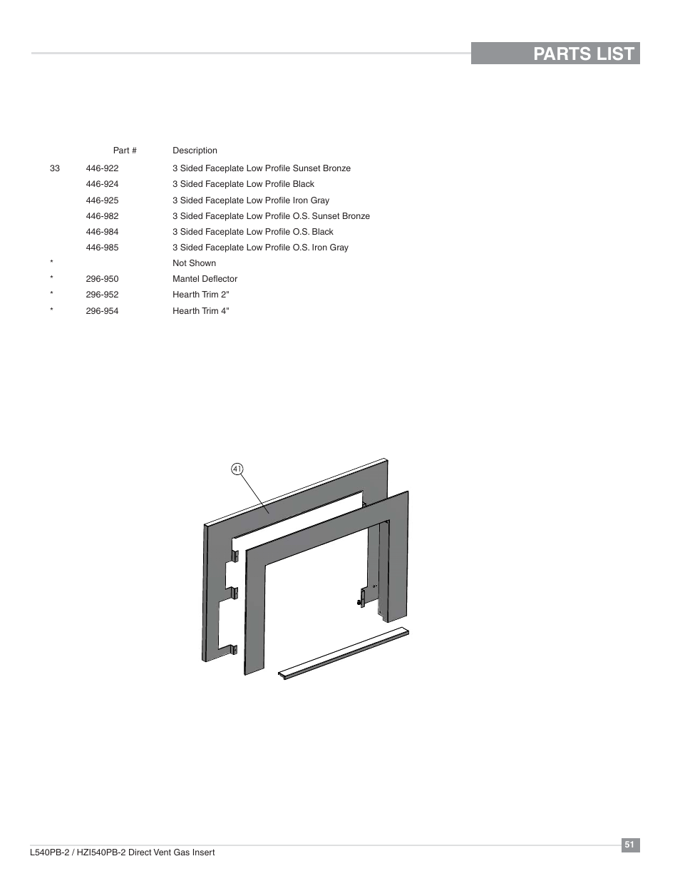 Parts list, Low profile faceplate | Regency Horizon HZI540PB Large Gas Insert User Manual | Page 51 / 56
