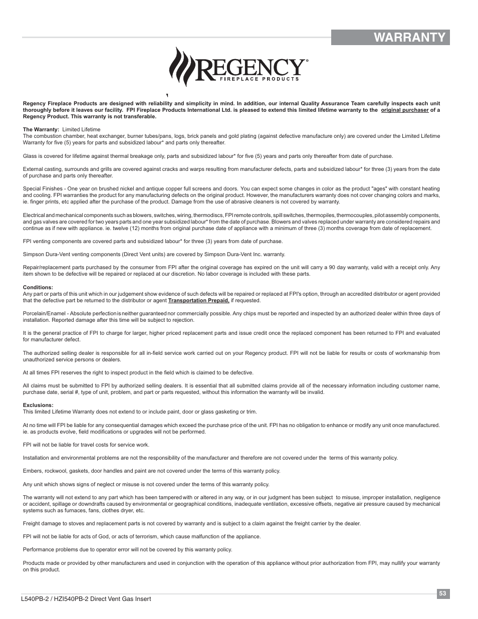 Warranty | Regency Horizon HZI540PB Large Gas Insert User Manual | Page 53 / 56