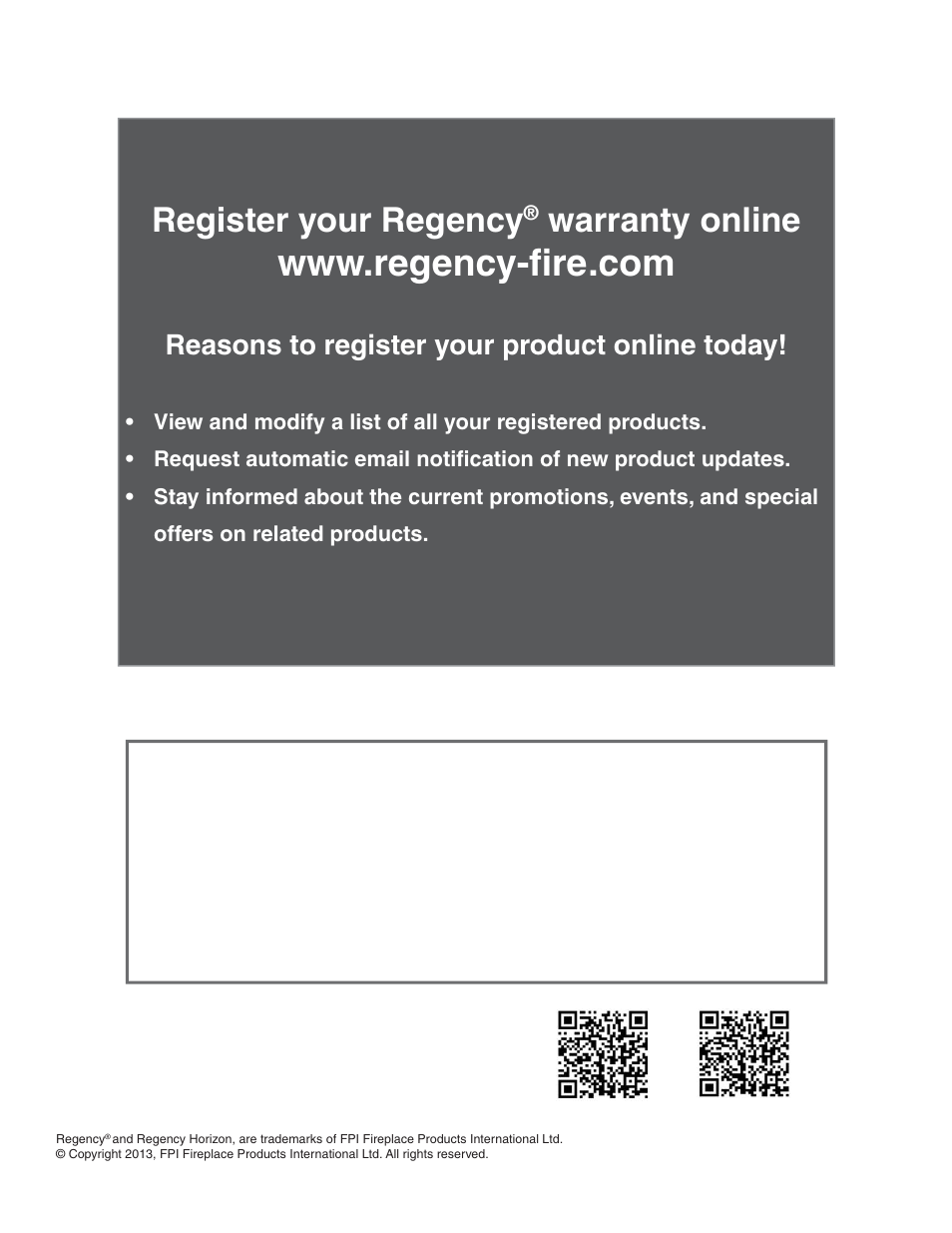 Register your regency, Warranty online, Reasons to register your product online today | Regency Horizon HZI540PB Large Gas Insert User Manual | Page 56 / 56